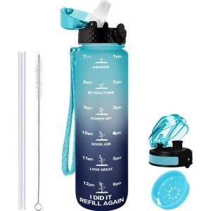 GOPPUS 1L/32oz Bouteille d&rsquo;eau avec paille Motivational Étanche Boissons Bouteille avec marquages de l&rsquo;heure Tritan Bouteille de Sport pour l&rsquo;école de Gym Grande bouteille d&rsquo;eau pour Adulte Sans BPA(Bleu Gris)
