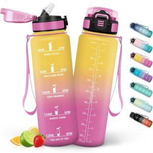HoneyHolly Gourde 1L, Gourde avec Paille, Bouteille Adaptée aux Boissons Gazeuses, Water Bottle Paille Adulte, avec Marquage du Temps, Étanche et sans BPA, Bouteille d&rsquo;eau pour Sport, Bureau(Jaune Rose – 1000ml)
