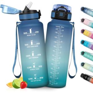 HoneyHolly Gourde 1L, Gourde avec Paille, Bouteille Adaptée aux Boissons Gazeuses, Water Bottle Paille Adulte, avec Marquage du Temps, Étanche et sans BPA, Bouteille d&rsquo;eau pour Sport, Bureau(Bleu Vert – 1500ml)