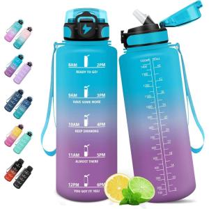 HoneyHolly Gourde 1L, Gourde avec Paille, Bouteille Adaptée aux Boissons Gazeuses, Water Bottle Paille Adulte, avec Marquage du Temps, Étanche et sans BPA, Bouteille d&rsquo;eau pour Sport, Bureau(Blue Purple Label – 1500ml)