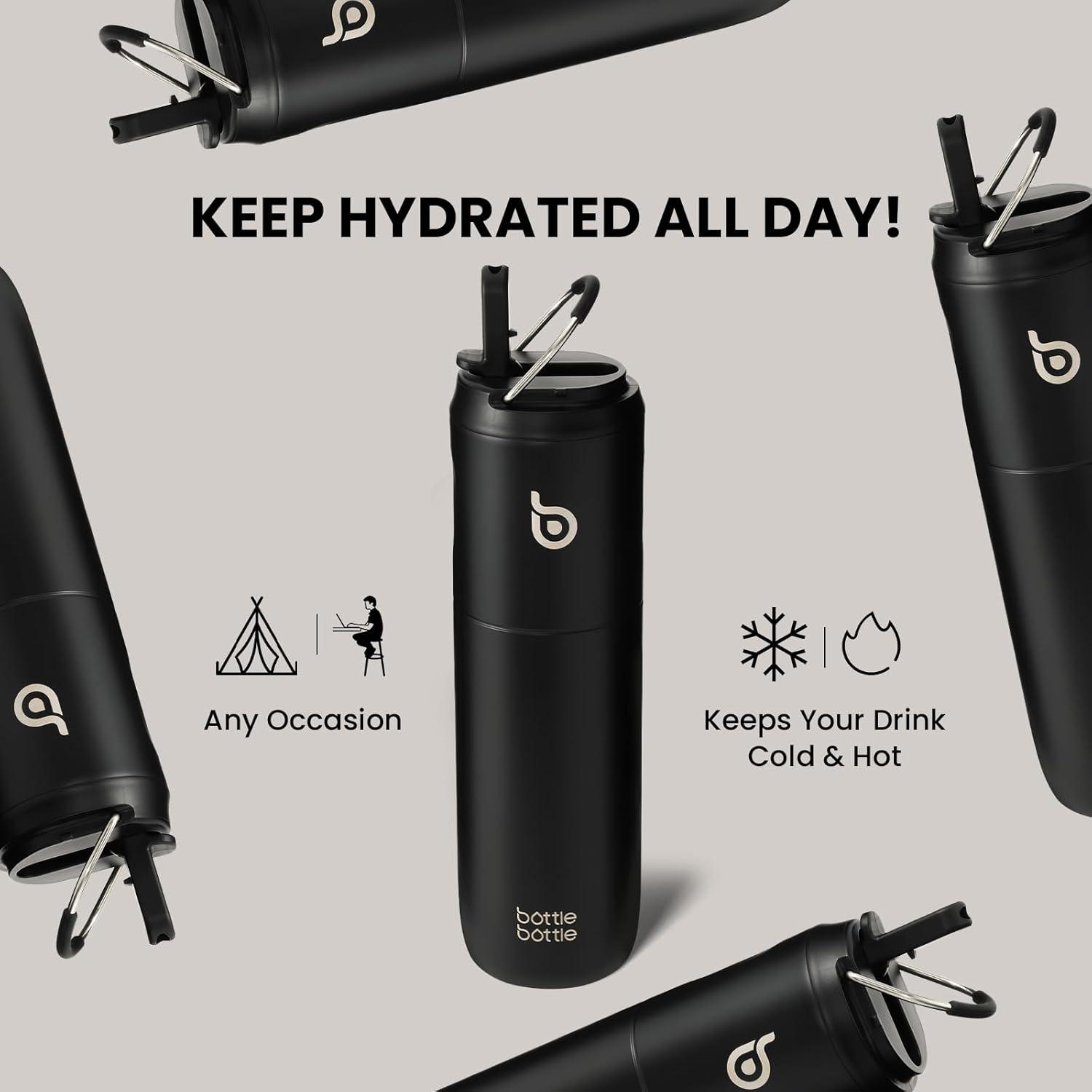 image:imageBOTTLE BOTTLE Bouteille deau isotherme de 710 ml avec couvercle paille poigne en acier inoxydable double paroi sous vide antifuite sans BPA pour sport voyage gym rose jaune bleuNoir