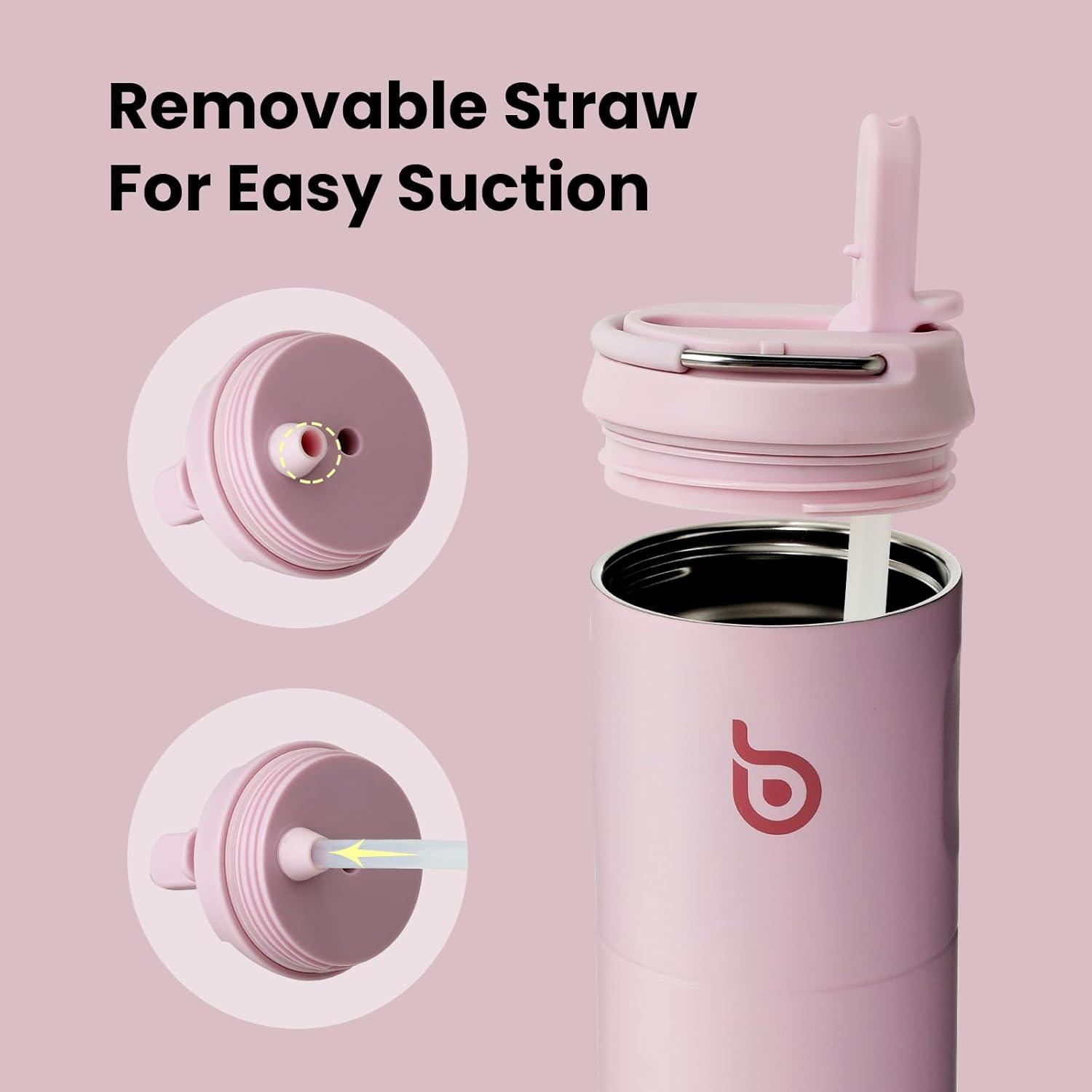 image:imageBOTTLE BOTTLE Bouteille deau isotherme de 710 ml avec couvercle paille poigne en acier inoxydable double paroi sous vide antifuite sans BPA pour sport voyage gym rose jaune bleuRose
