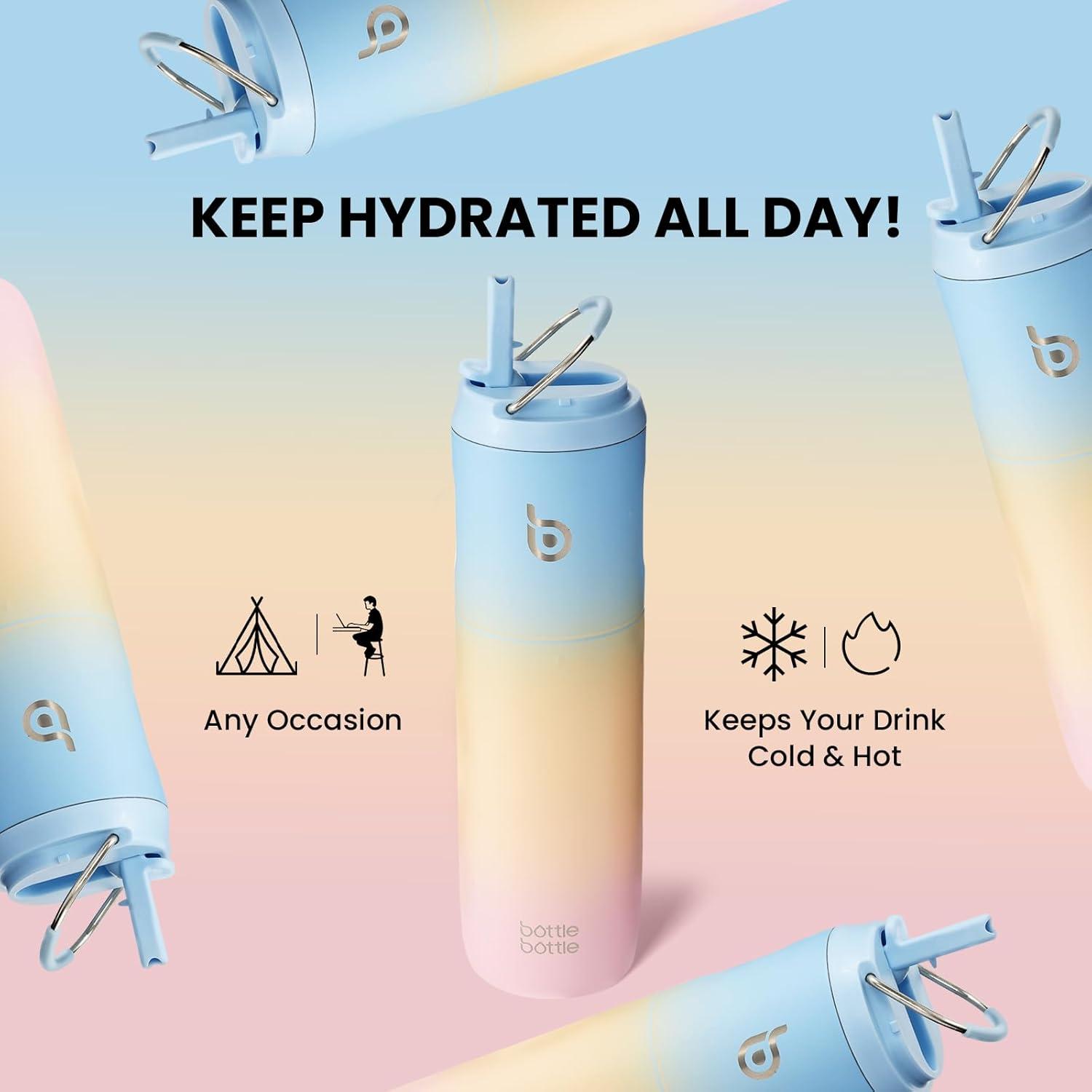 image:imageBOTTLE BOTTLE Bouteille deau isotherme de 710 ml avec couvercle paille poigne en acier inoxydable double paroi sous vide antifuite sans BPA pour sport voyage gym rose jaune bleuBleu Jaune Rose