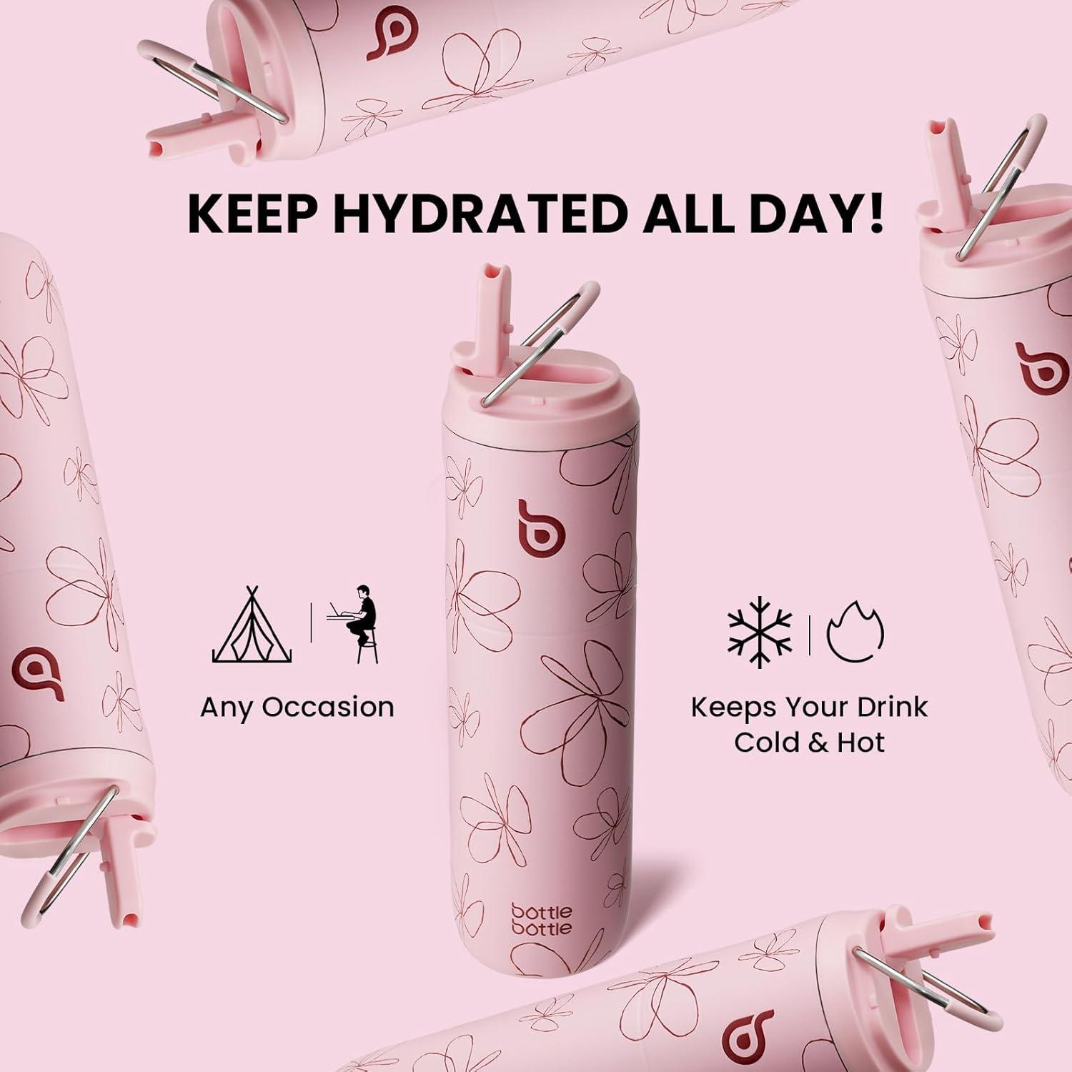image:imageBOTTLE BOTTLE Bouteille deau isotherme de 710 ml avec couvercle paille poigne en acier inoxydable double paroi sous vide antifuite sans BPA pour sport voyage gym rose jaune bleuFlower Frenzy