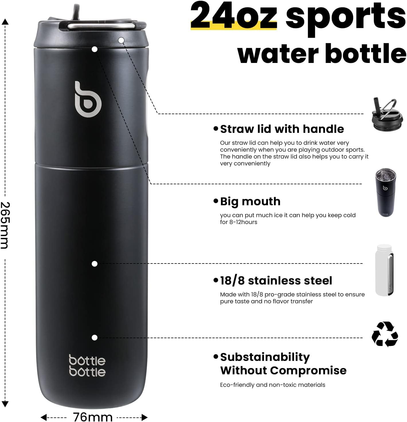 image:imageBOTTLE BOTTLE Bouteille deau isotherme de 710 ml avec couvercle paille poigne en acier inoxydable double paroi sous vide antifuite sans BPA pour sport voyage gym rose jaune bleuNoir