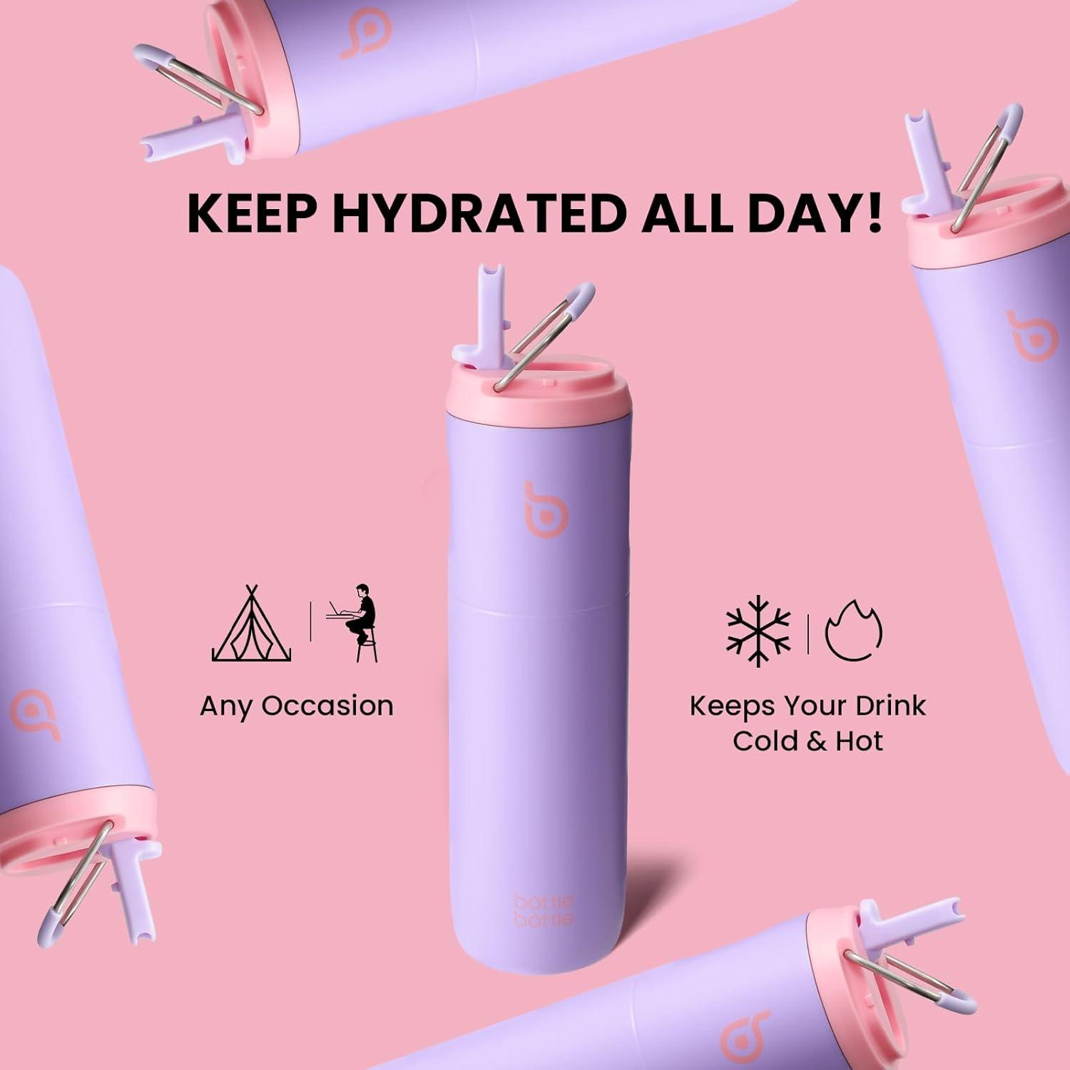 image:imageBOTTLE BOTTLE Bouteille deau isotherme de 710 ml avec couvercle paille poigne en acier inoxydable double paroi sous vide antifuite sans BPA pour sport voyage gym rose jaune bleuLilas
