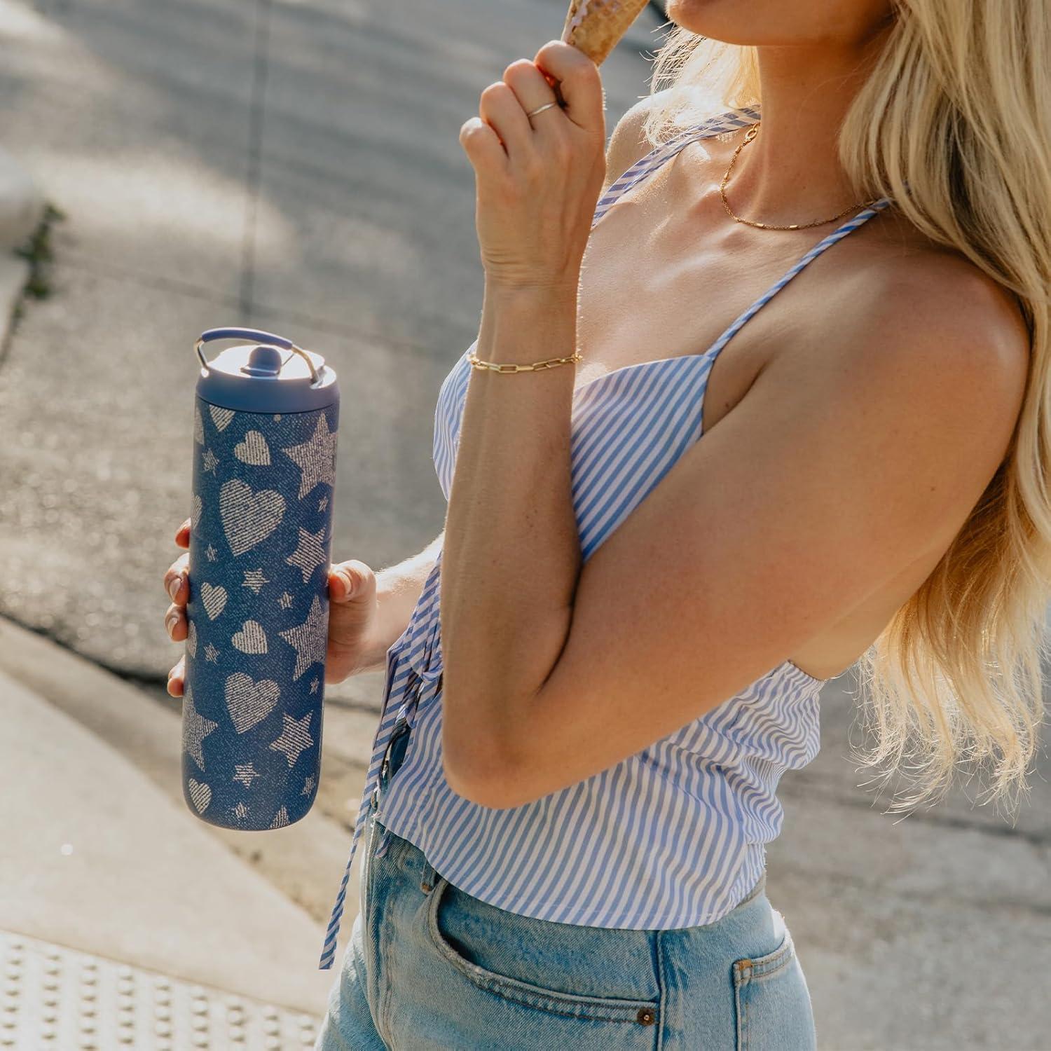 image:imageBOTTLE BOTTLE Bouteille deau isotherme de 710 ml avec couvercle paille poigne en acier inoxydable double paroi sous vide antifuite sans BPA pour sport voyage gym rose jaune bleuDenim Beats