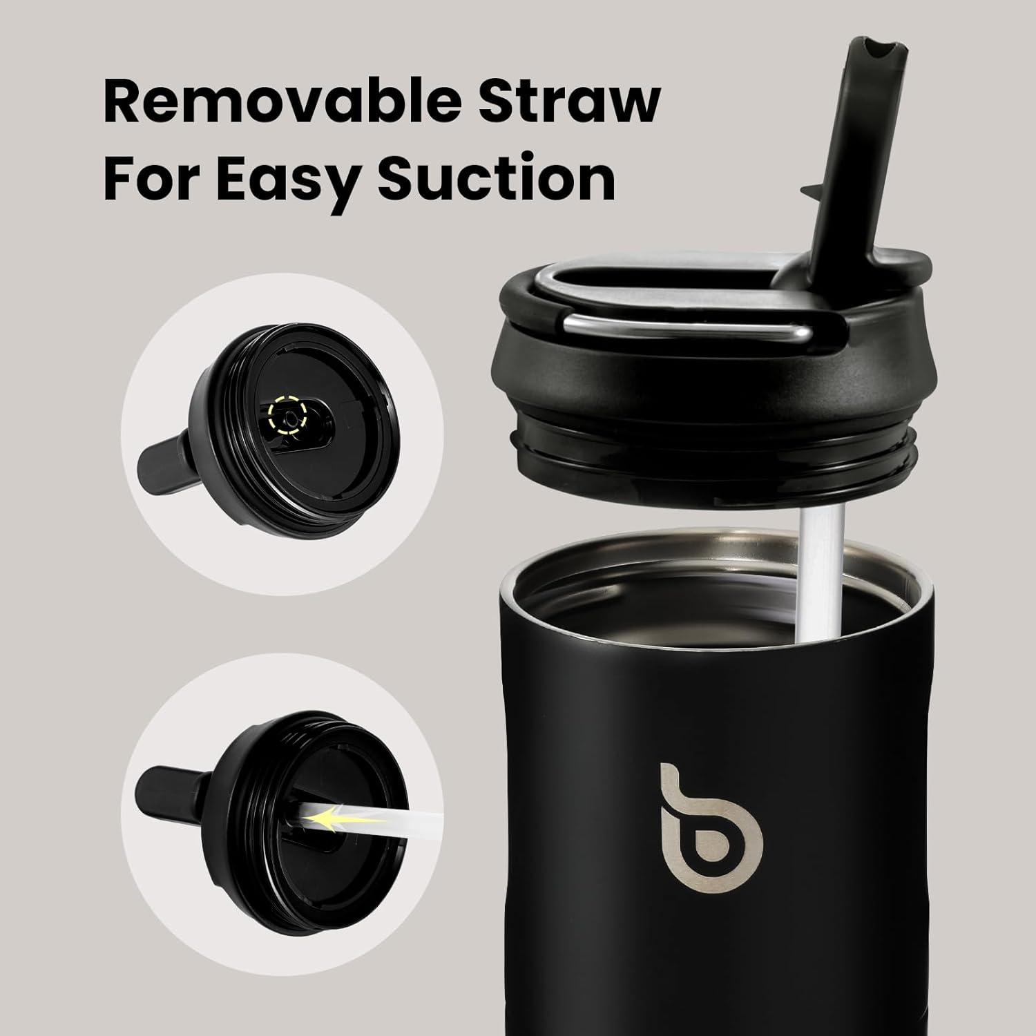 image:imageBOTTLE BOTTLE Bouteille deau isotherme de 710 ml avec couvercle paille poigne en acier inoxydable double paroi sous vide antifuite sans BPA pour sport voyage gym rose jaune bleuNoir