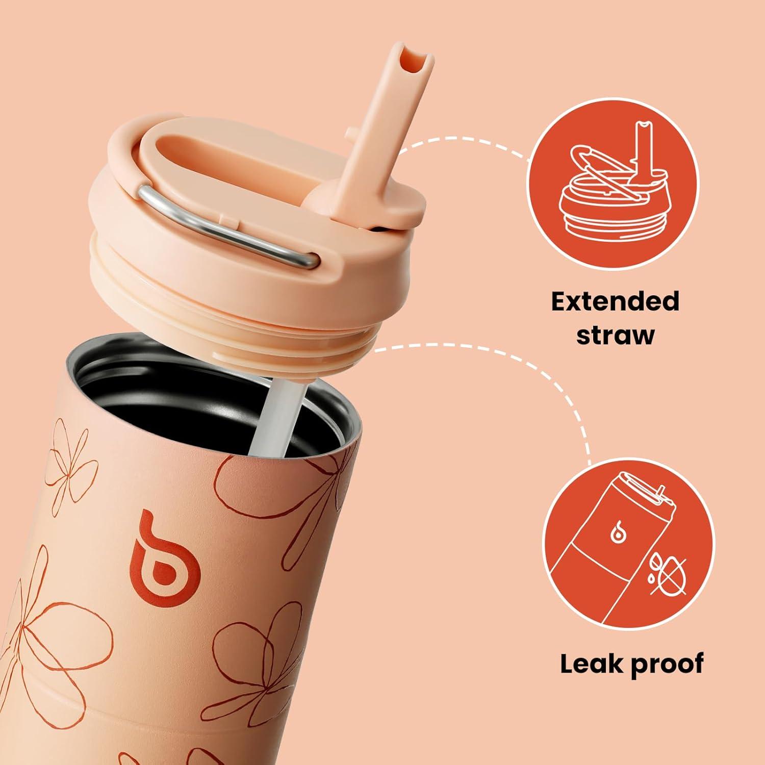 image:imageBOTTLE BOTTLE Bouteille deau isotherme de 710 ml avec couvercle paille poigne en acier inoxydable double paroi sous vide antifuite sans BPA pour sport voyage gym rose jaune bleuJaune avec Motif Floral