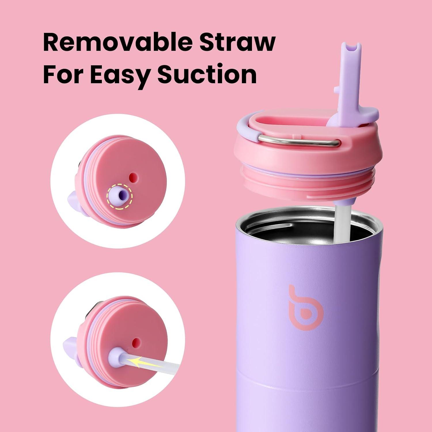 image:imageBOTTLE BOTTLE Bouteille deau isotherme de 710 ml avec couvercle paille poigne en acier inoxydable double paroi sous vide antifuite sans BPA pour sport voyage gym rose jaune bleuLilas