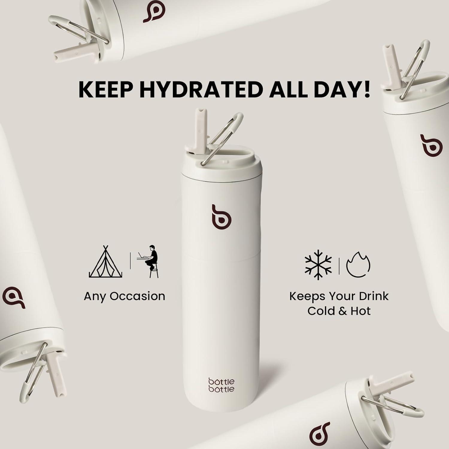 image:imageBOTTLE BOTTLE Bouteille deau isotherme de 710 ml avec couvercle paille poigne en acier inoxydable double paroi sous vide antifuite sans BPA pour sport voyage gym rose jaune bleuGris Clair