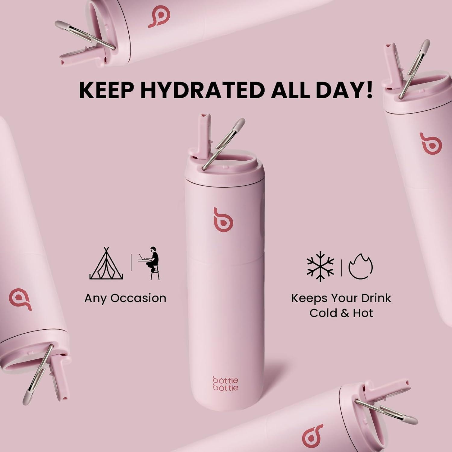 image:imageBOTTLE BOTTLE Bouteille deau isotherme de 710 ml avec couvercle paille poigne en acier inoxydable double paroi sous vide antifuite sans BPA pour sport voyage gym rose jaune bleuRose