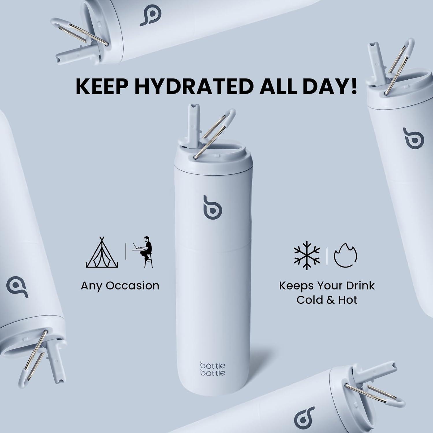 image:imageBOTTLE BOTTLE Bouteille deau isotherme de 710 ml avec couvercle paille poigne en acier inoxydable double paroi sous vide antifuite sans BPA pour sport voyage gym rose jaune bleuBleu Ciel
