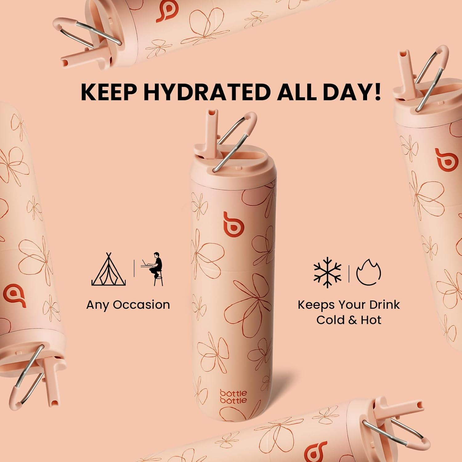 image:imageBOTTLE BOTTLE Bouteille deau isotherme de 710 ml avec couvercle paille poigne en acier inoxydable double paroi sous vide antifuite sans BPA pour sport voyage gym rose jaune bleuJaune avec Motif Floral