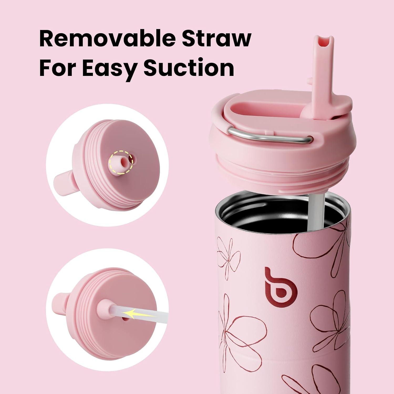 image:imageBOTTLE BOTTLE Bouteille deau isotherme de 710 ml avec couvercle paille poigne en acier inoxydable double paroi sous vide antifuite sans BPA pour sport voyage gym rose jaune bleuFlower Frenzy