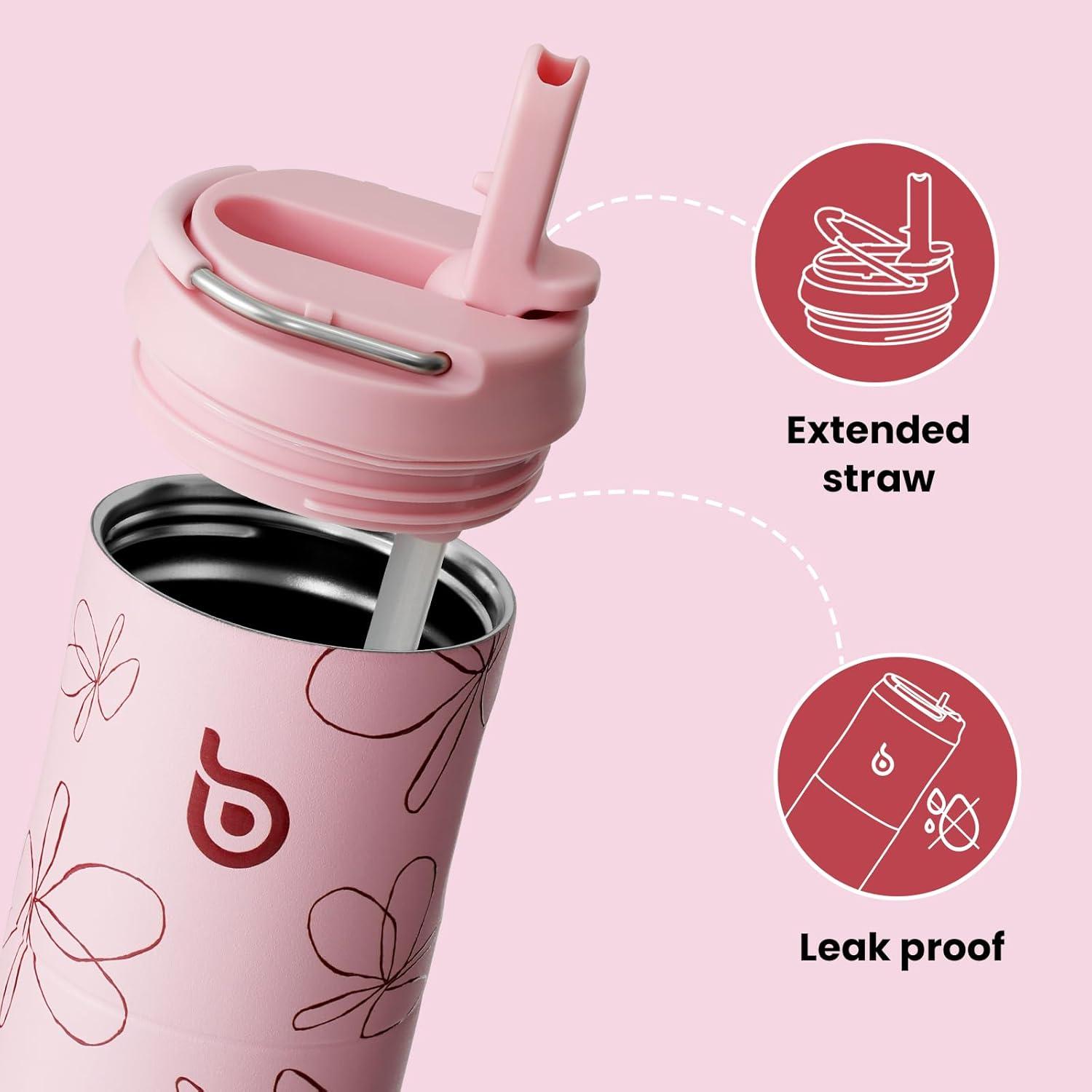 image:imageBOTTLE BOTTLE Bouteille deau isotherme de 710 ml avec couvercle paille poigne en acier inoxydable double paroi sous vide antifuite sans BPA pour sport voyage gym rose jaune bleuFlower Frenzy