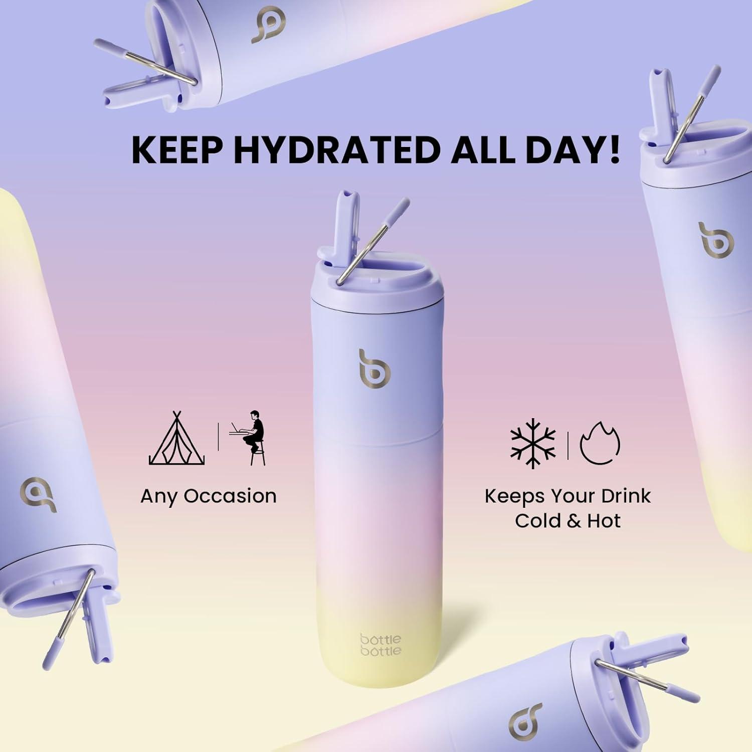 image:imageBOTTLE BOTTLE Bouteille deau isotherme de 710 ml avec couvercle paille poigne en acier inoxydable double paroi sous vide antifuite sans BPA pour sport voyage gym rose jaune bleuPueple Rose Jaune