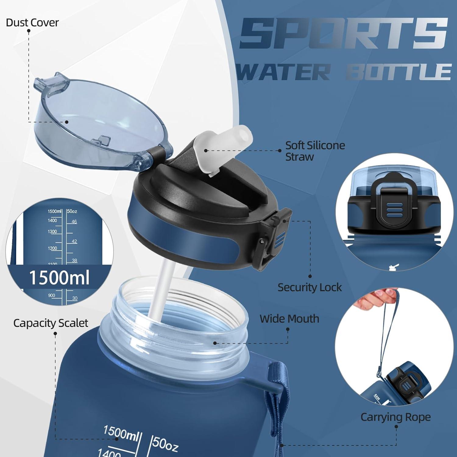 image:imageGourde Sport 15L AntiFuite Avec Paille Bouteille dEau Adulte Transportable Avec Slogan de Motivation Facile Nettoyer Pour Running Camping FitnessMbleu Marine