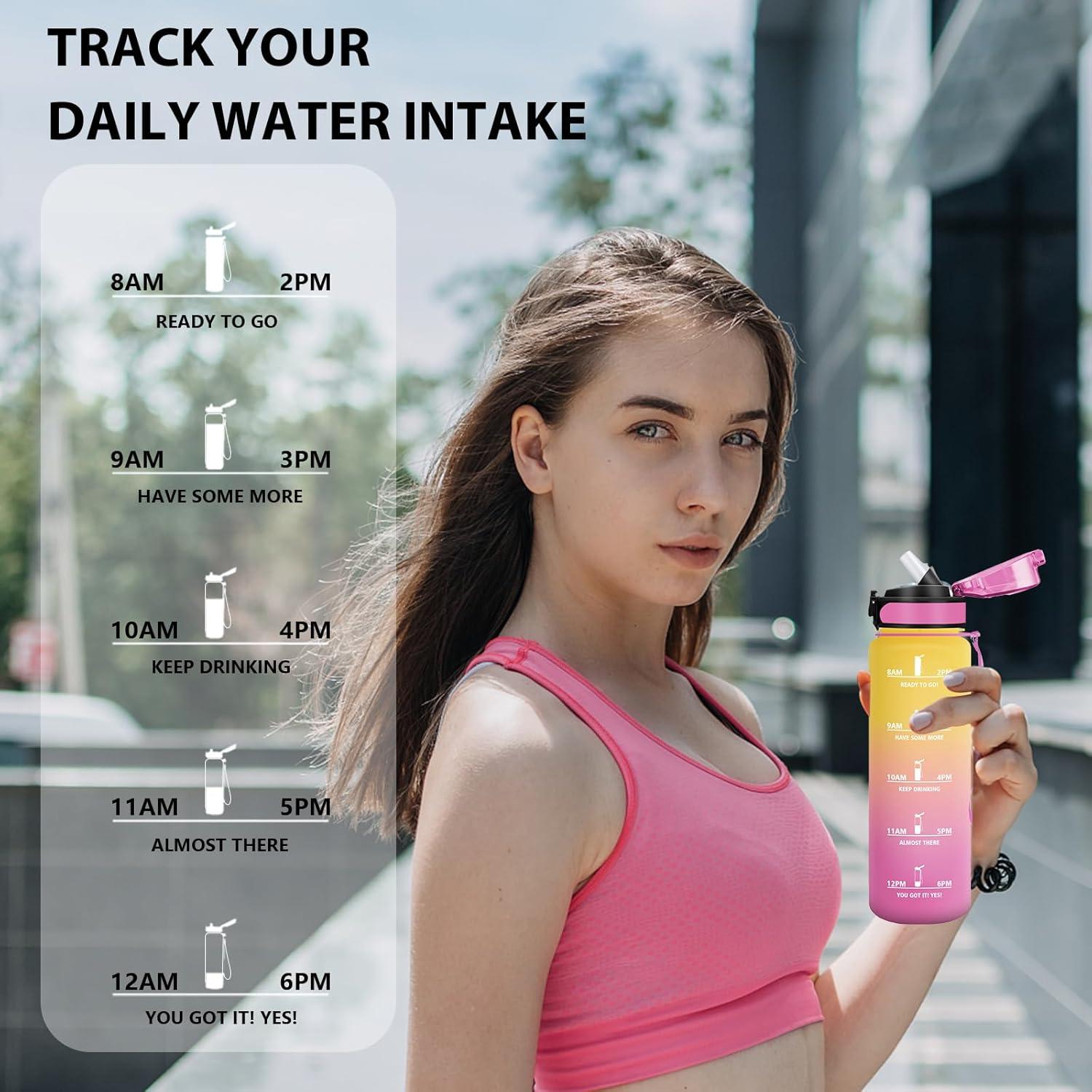 image:imageGourde Sport 15L AntiFuite Avec Paille Bouteille dEau Adulte Transportable Avec Slogan de Motivation Facile Nettoyer Pour Running Camping FitnessYellowpink