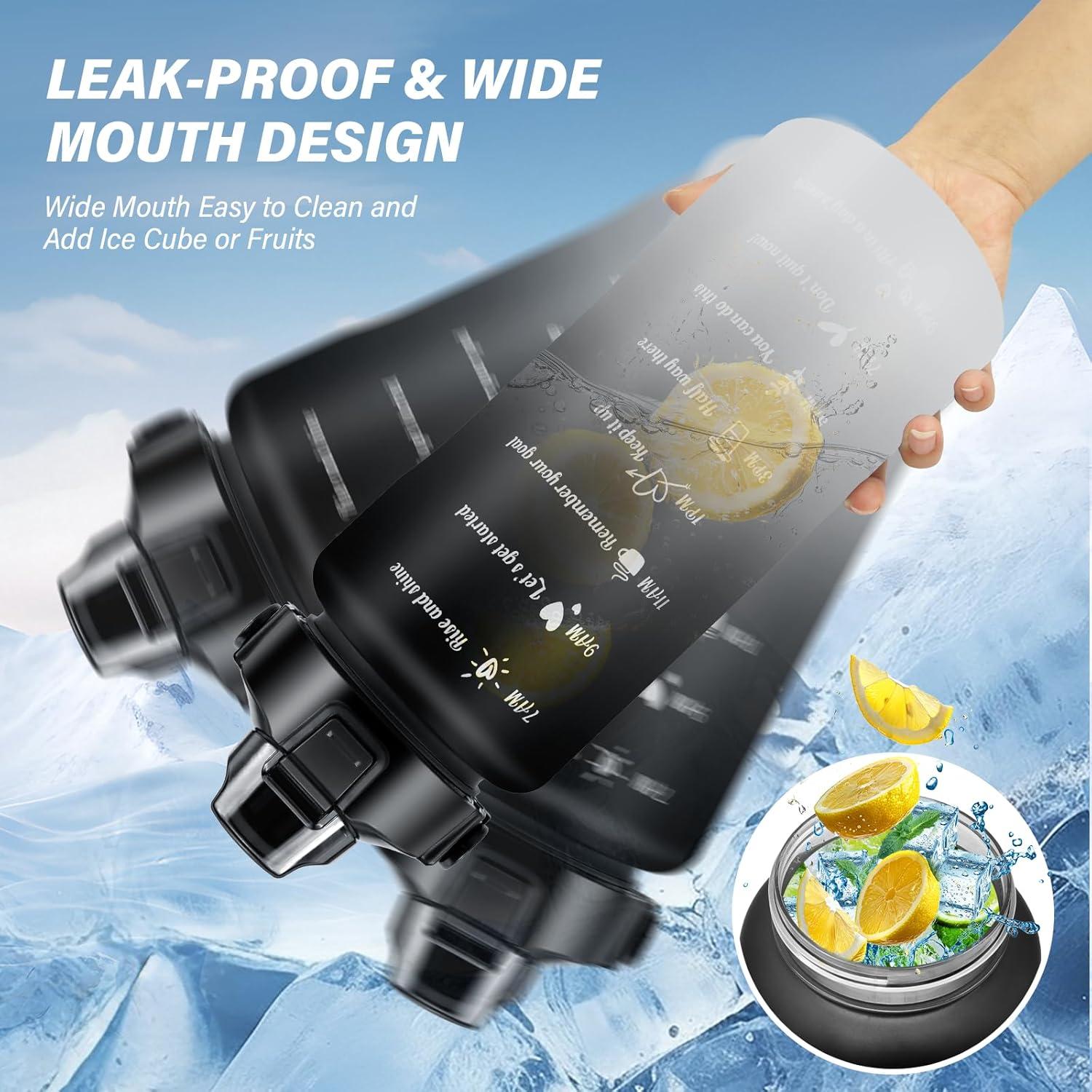 image:imageKETIEE Gourde de 2 l et 2 l avec paille sans BPA Avec marqueur de temps Antifuite Pour le sport le fitness le camping le yoga Noir et gris2 L NoirGris