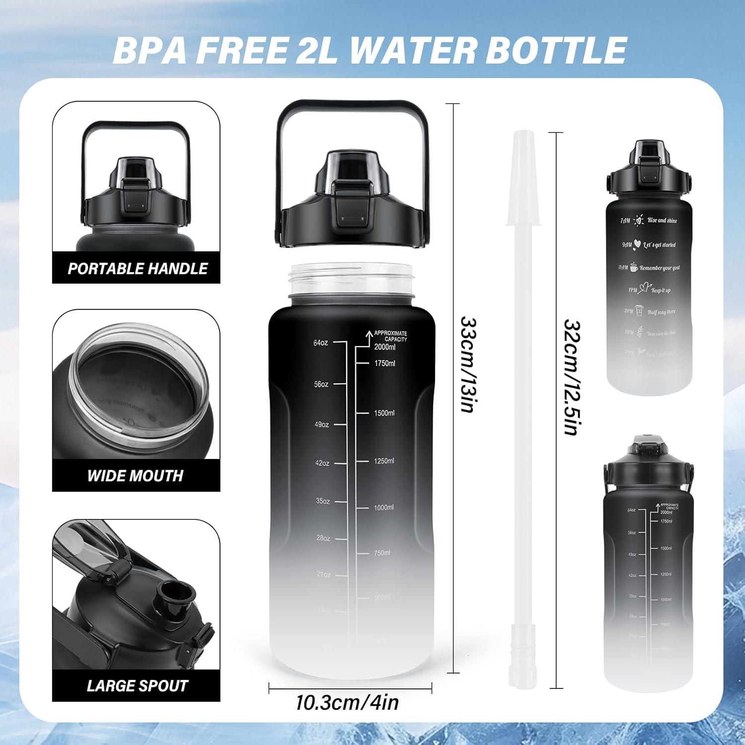 image:imageKETIEE Gourde de 2 l et 2 l avec paille sans BPA Avec marqueur de temps Antifuite Pour le sport le fitness le camping le yoga Noir et gris2 L NoirGris