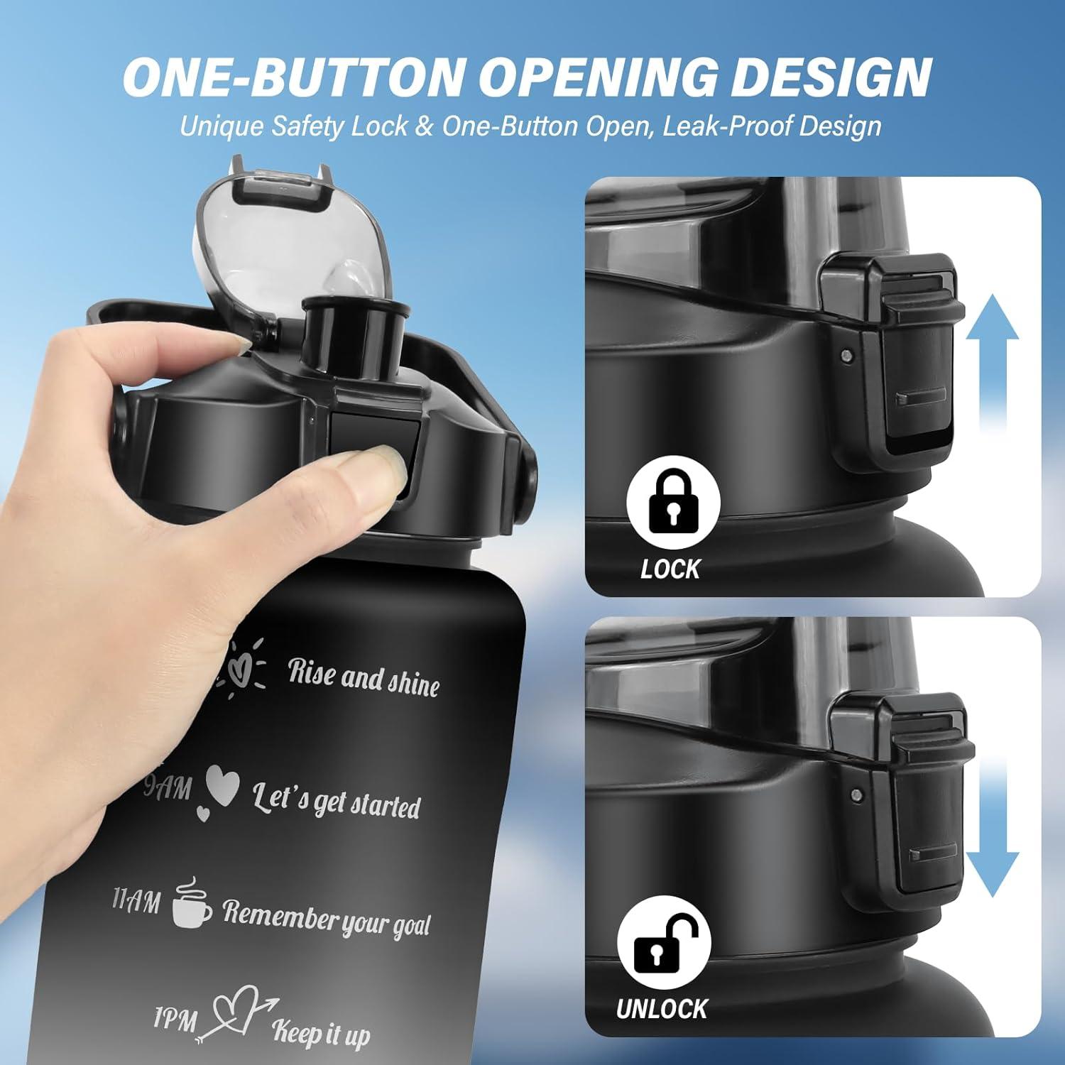image:imageKETIEE Gourde de 2 l et 2 l avec paille sans BPA Avec marqueur de temps Antifuite Pour le sport le fitness le camping le yoga Noir et gris2 L NoirGris
