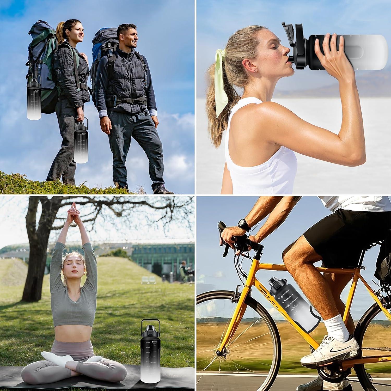 image:imageKETIEE Gourde de 2 l et 2 l avec paille sans BPA Avec marqueur de temps Antifuite Pour le sport le fitness le camping le yoga Noir et gris2 L NoirGris