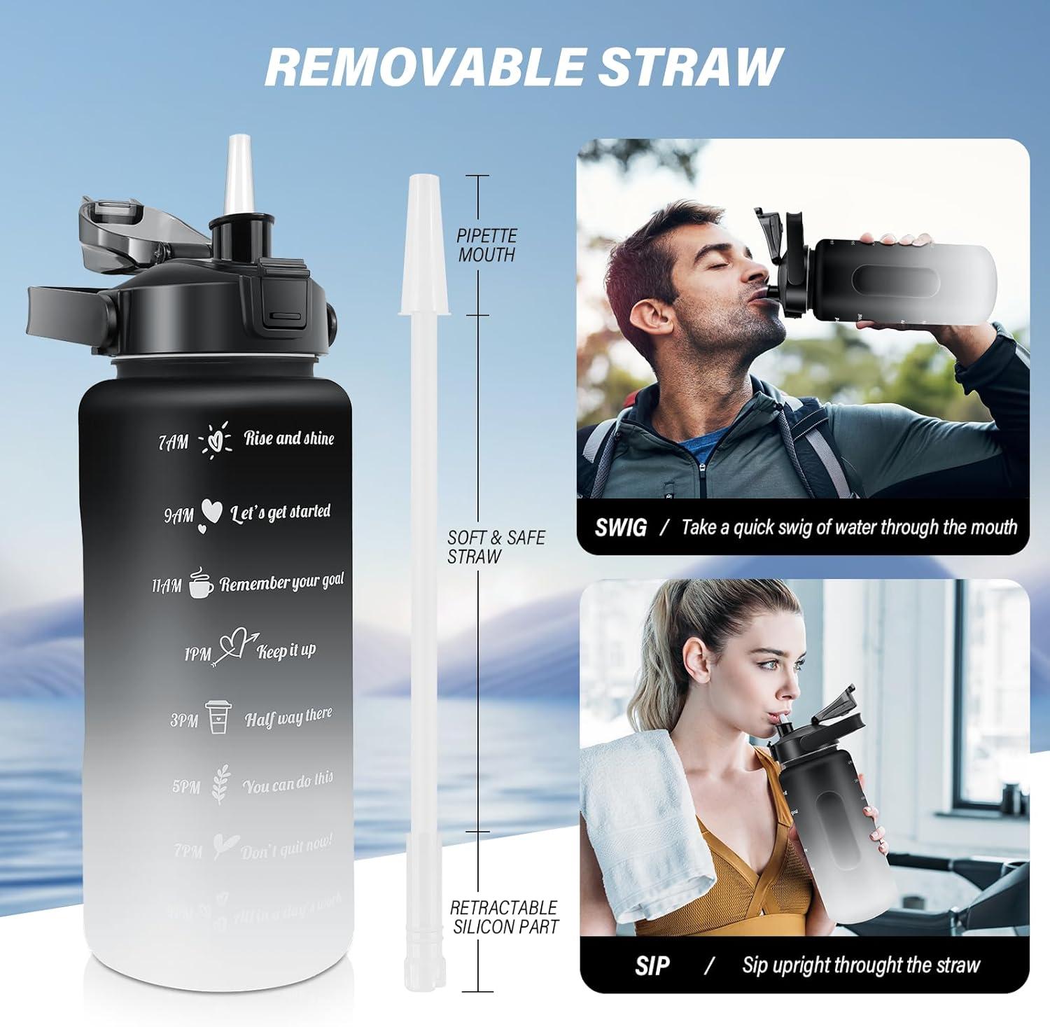 image:imageKETIEE Gourde de 2 l et 2 l avec paille sans BPA Avec marqueur de temps Antifuite Pour le sport le fitness le camping le yoga Noir et gris2 L NoirGris