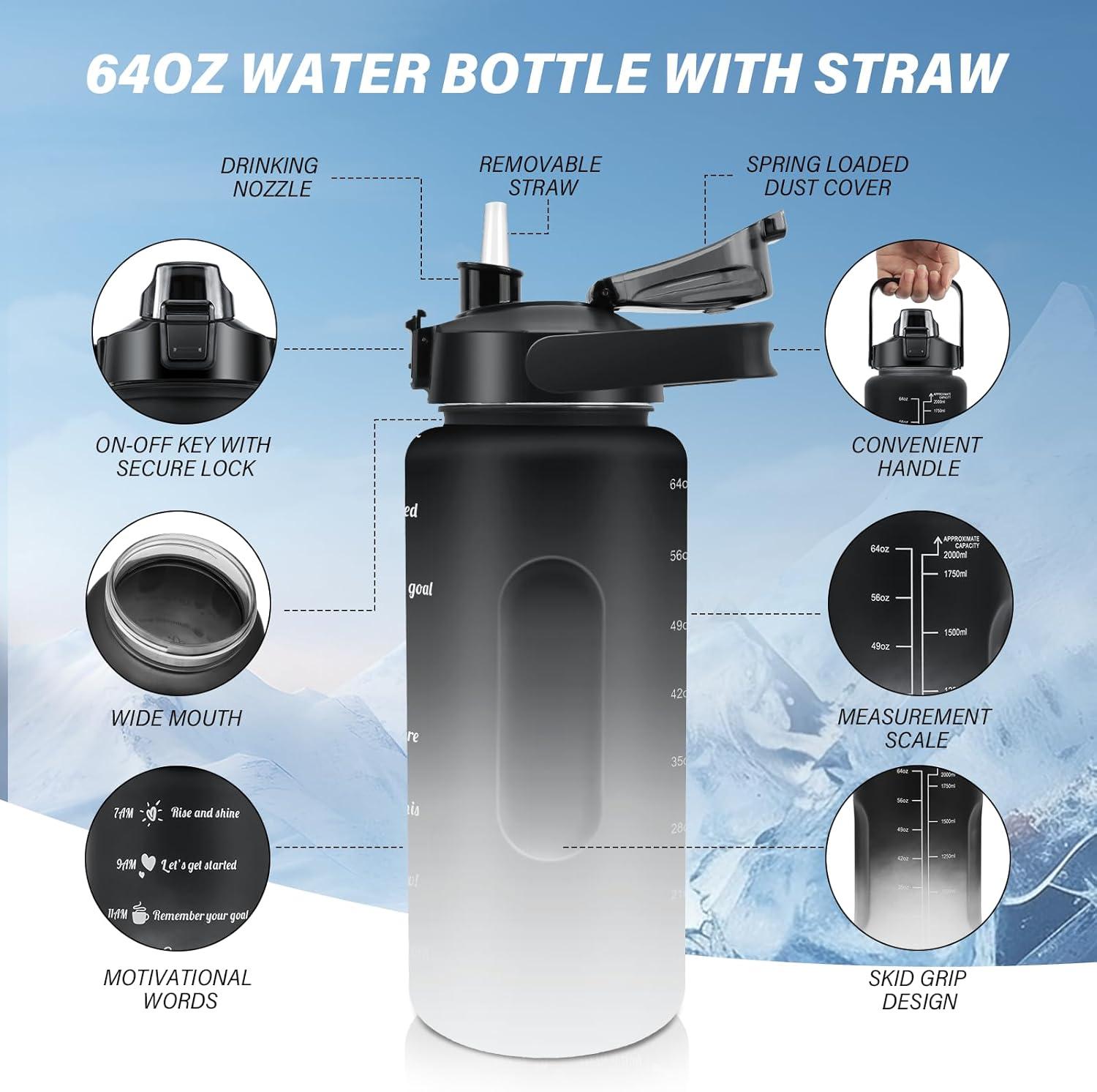 image:imageKETIEE Gourde de 2 l et 2 l avec paille sans BPA Avec marqueur de temps Antifuite Pour le sport le fitness le camping le yoga Noir et gris2 L NoirGris