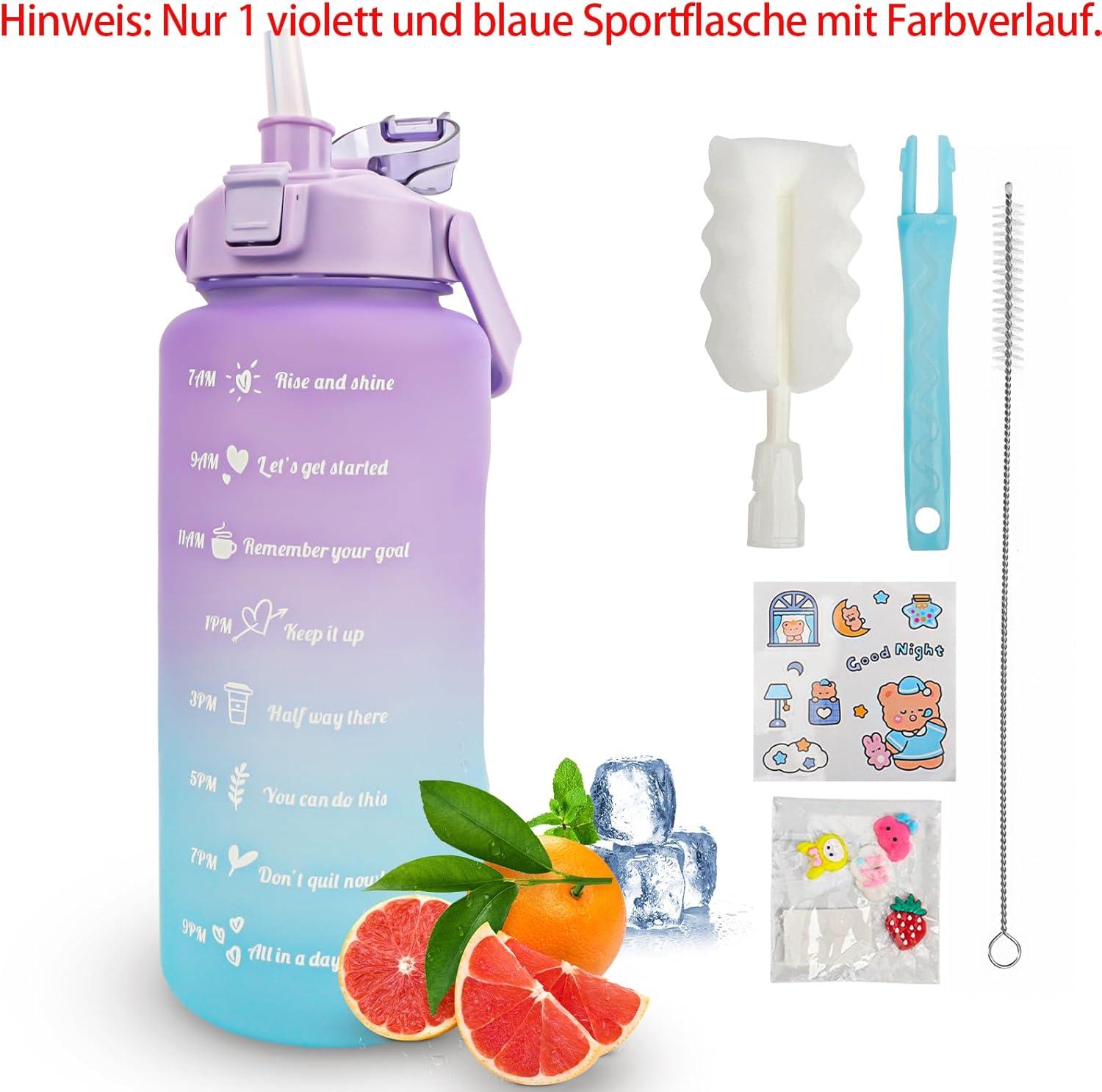 image:imageKETIEE Gourde de 2 l et 2 l avec paille sans BPA Avec marqueur de temps Antifuite Pour le sport le fitness le camping le yoga Noir et gris2l Bleu Violet