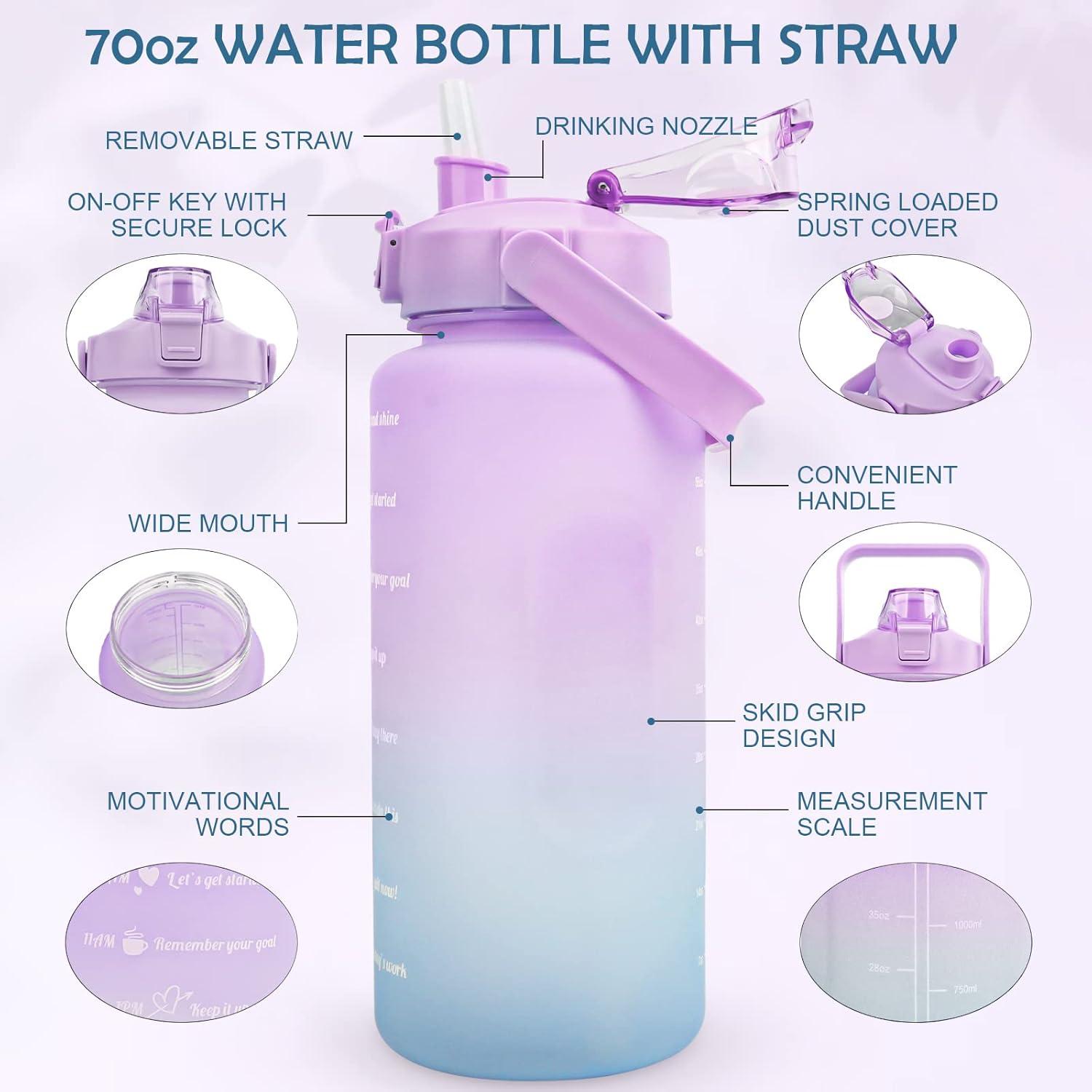image:imageKETIEE Gourde de 2 l et 2 l avec paille sans BPA Avec marqueur de temps Antifuite Pour le sport le fitness le camping le yoga Noir et gris2l Bleu Violet
