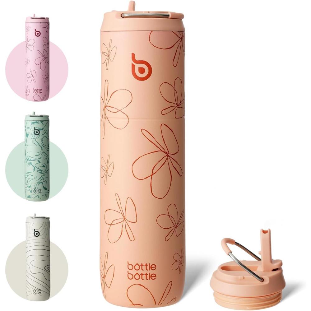 image:imageBOTTLE BOTTLE Bouteille deau isotherme de 710 ml avec couvercle paille poigne en acier inoxydable double paroi sous vide antifuite sans BPA pour sport voyage gym rose jaune bleuJaune avec Motif Floral