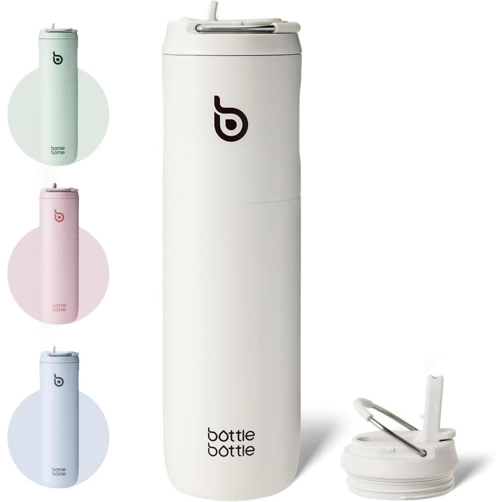 image:imageBOTTLE BOTTLE Bouteille deau isotherme de 710 ml avec couvercle paille poigne en acier inoxydable double paroi sous vide antifuite sans BPA pour sport voyage gym rose jaune bleuGris Clair