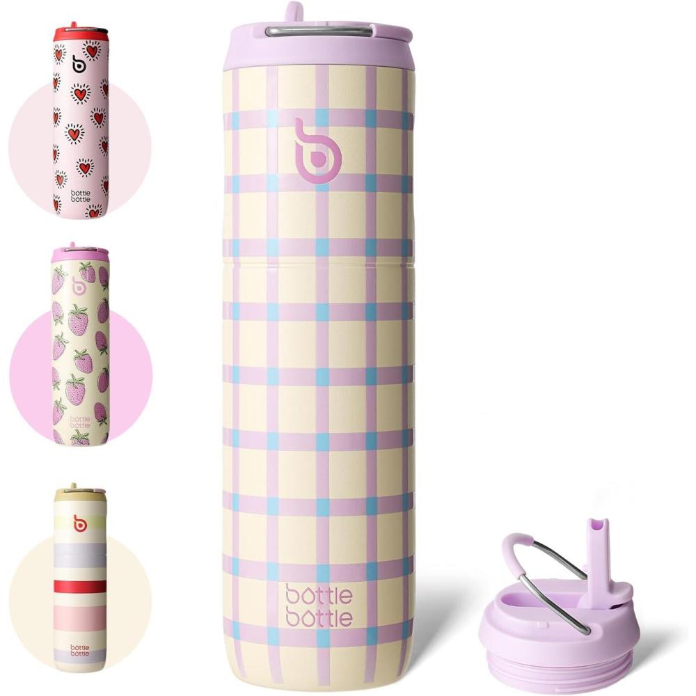 image:imageBOTTLE BOTTLE Bouteille deau isotherme de 710 ml avec couvercle paille poigne en acier inoxydable double paroi sous vide antifuite sans BPA pour sport voyage gym rose jaune bleuVivabands