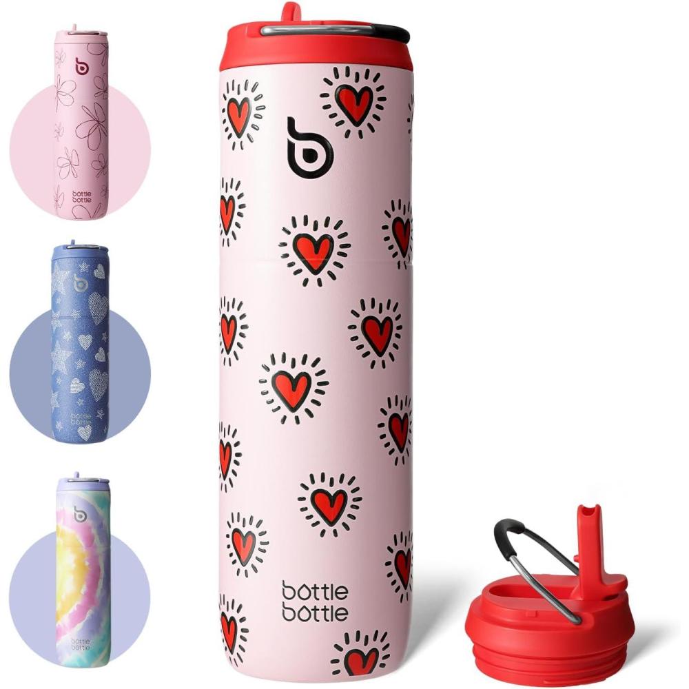 image:imageBOTTLE BOTTLE Bouteille deau isotherme de 710 ml avec couvercle paille poigne en acier inoxydable double paroi sous vide antifuite sans BPA pour sport voyage gym rose jaune bleuBattement de Coeur