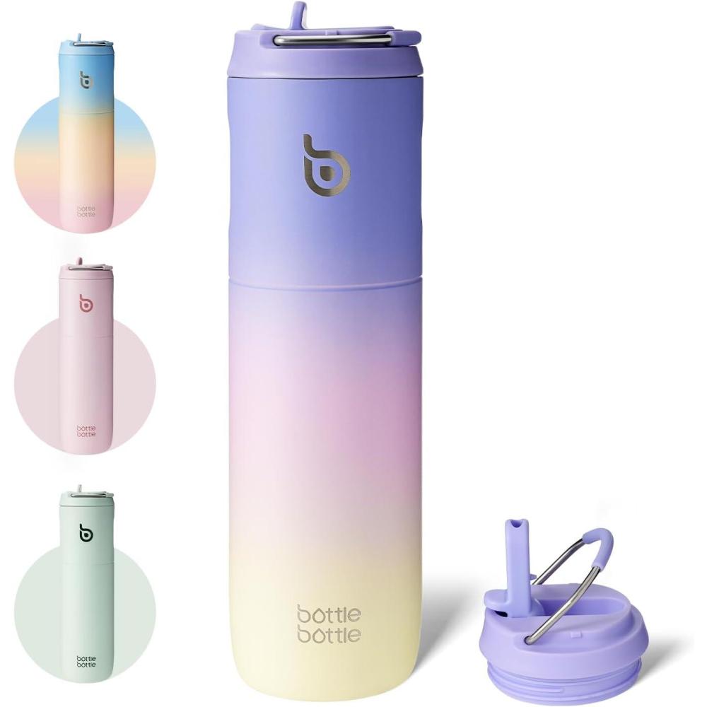 image:imageBOTTLE BOTTLE Bouteille deau isotherme de 710 ml avec couvercle paille poigne en acier inoxydable double paroi sous vide antifuite sans BPA pour sport voyage gym rose jaune bleuPueple Rose Jaune