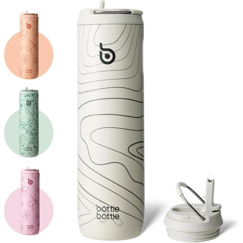 image:imageBOTTLE BOTTLE Bouteille deau isotherme de 710 ml avec couvercle paille poigne en acier inoxydable double paroi sous vide antifuite sans BPA pour sport voyage gym rose jaune bleuPeak Grey