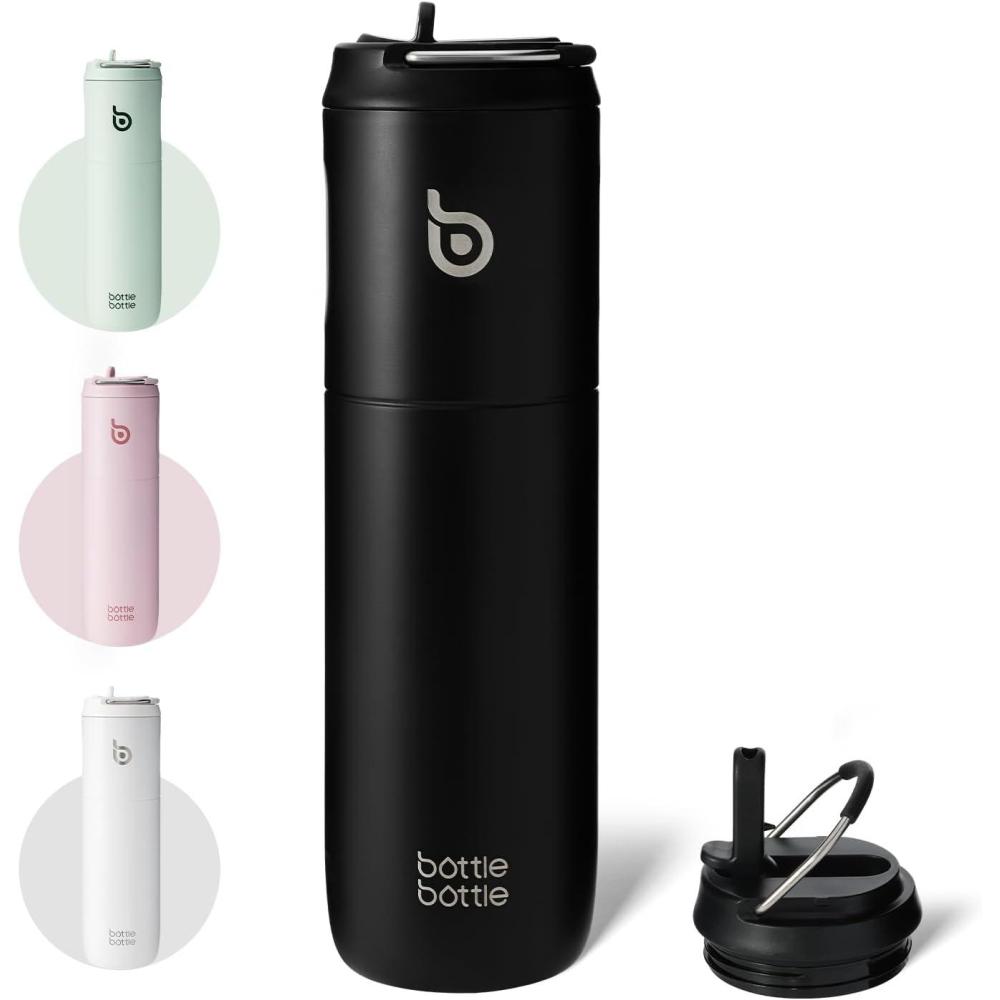 image:imageBOTTLE BOTTLE Bouteille deau isotherme de 710 ml avec couvercle paille poigne en acier inoxydable double paroi sous vide antifuite sans BPA pour sport voyage gym rose jaune bleuNoir