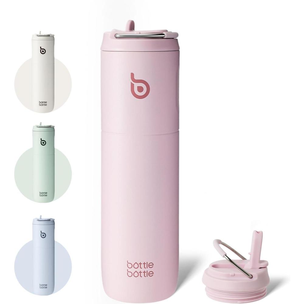image:imageBOTTLE BOTTLE Bouteille deau isotherme de 710 ml avec couvercle paille poigne en acier inoxydable double paroi sous vide antifuite sans BPA pour sport voyage gym rose jaune bleuRose