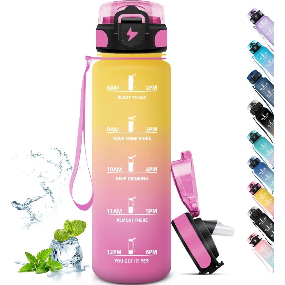 image:imageGourde Sport 15L AntiFuite Avec Paille Bouteille dEau Adulte Transportable Avec Slogan de Motivation Facile Nettoyer Pour Running Camping FitnessYellowpink