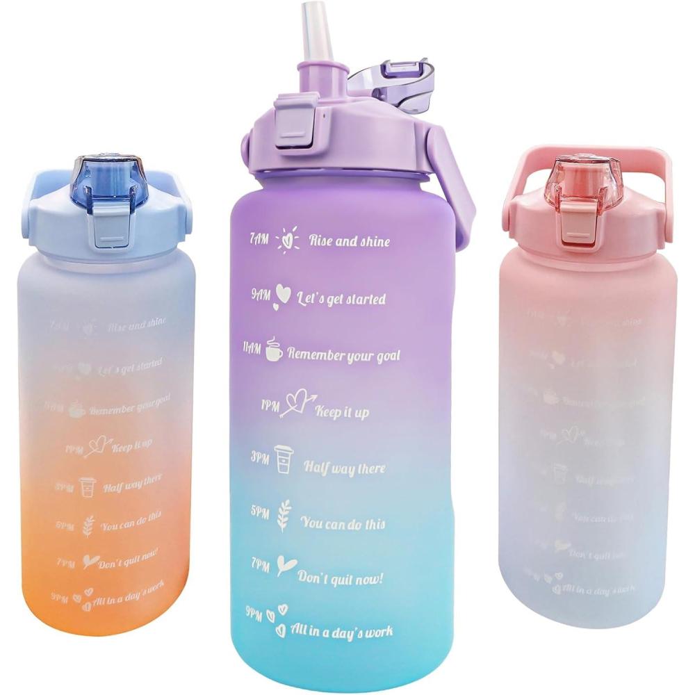 image:imageKETIEE Gourde de 2 l et 2 l avec paille sans BPA Avec marqueur de temps Antifuite Pour le sport le fitness le camping le yoga Noir et gris2l Bleu Violet