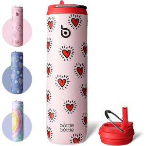 BOTTLE BOTTLE Bouteille d&rsquo;eau isotherme de 710 ml avec couvercle à paille, poignée, en acier inoxydable à double paroi sous vide, anti-fuite, sans BPA, pour sport, voyage, gym, rose, jaune, bleu(Battement de Coeur)