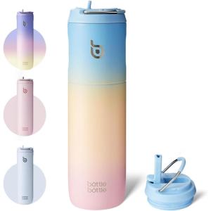 BOTTLE BOTTLE Bouteille d&rsquo;eau isotherme de 710 ml avec couvercle à paille, poignée, en acier inoxydable à double paroi sous vide, anti-fuite, sans BPA, pour sport, voyage, gym, rose, jaune, bleu(Bleu  Jaune  Rose)