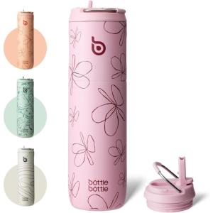 BOTTLE BOTTLE Bouteille d&rsquo;eau isotherme de 710 ml avec couvercle à paille, poignée, en acier inoxydable à double paroi sous vide, anti-fuite, sans BPA, pour sport, voyage, gym, rose, jaune, bleu(Flower Frenzy)