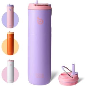 BOTTLE BOTTLE Bouteille d&rsquo;eau isotherme de 710 ml avec couvercle à paille, poignée, en acier inoxydable à double paroi sous vide, anti-fuite, sans BPA, pour sport, voyage, gym, rose, jaune, bleu(Lilas)