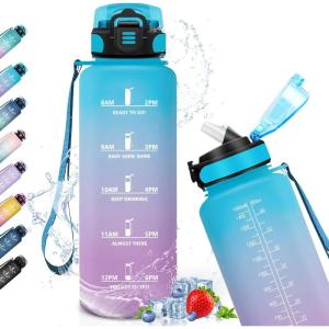 Gourde Sport 1,5L Anti-Fuite Avec Paille – Bouteille d&rsquo;Eau Adulte Transportable Avec Slogan de Motivation – Facile à Nettoyer Pour Running, Camping, Fitness(Jb-bleu-violet)