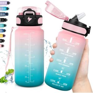 Gourde Sport 1,5L Anti-Fuite Avec Paille – Bouteille d&rsquo;Eau Adulte Transportable Avec Slogan de Motivation – Facile à Nettoyer Pour Running, Camping, Fitness(Pink-cyan)