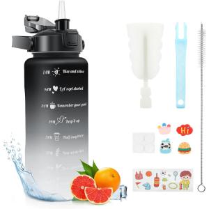 KETIEE Gourde de 2 l et 2 l avec paille sans BPA – Avec marqueur de temps – Anti-fuite – Pour le sport, le fitness, le camping, le yoga – Noir et gris(2 L – Noir/Gris)