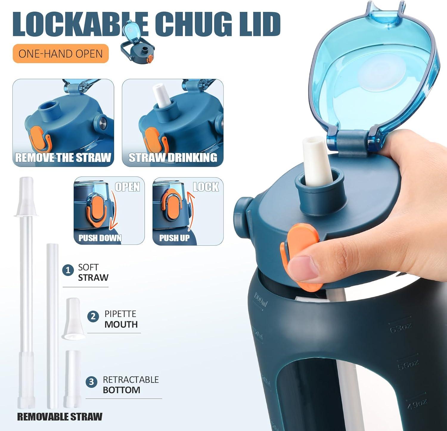image:imageBLUEGO 2000ml Bouteilles deau en verre avec 2 couvercles Gourd avec paille 2L Grande bouteille deau avec marqueurs de temps et de capacit pour salle de sport Maison tanche AmbreBleu Fonc