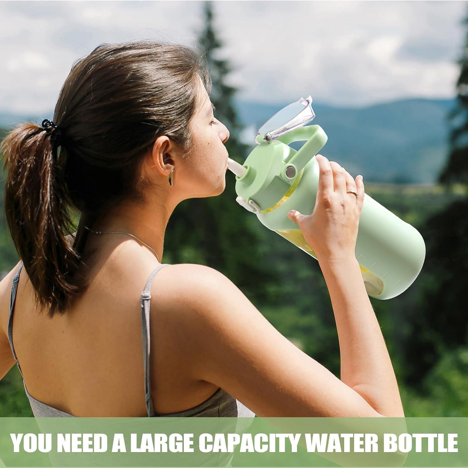 image:imageBLUEGO 2000ml Bouteilles deau en verre avec 2 couvercles Gourd avec paille 2L Grande bouteille deau avec marqueurs de temps et de capacit pour salle de sport Maison tanche AmbreGris